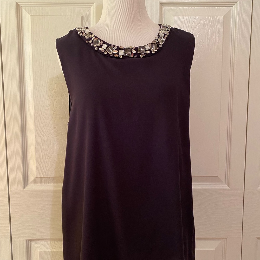 Ann Taylor navy top with jeweled neckline size M